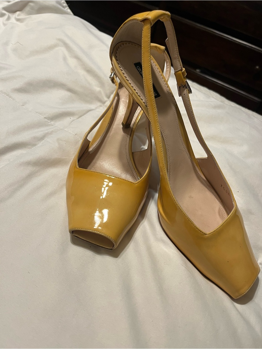 Giorgio Armani Yellow Patent Slingback Peep-Toe Heels